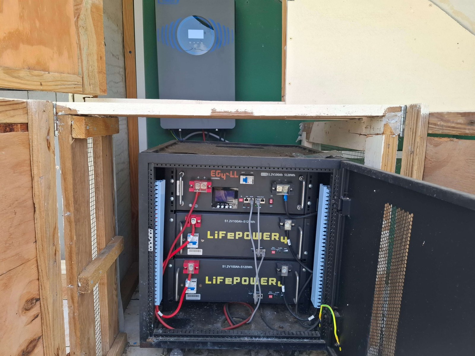 Inverter and EG4 battery rack installed in a utility closet in SVG